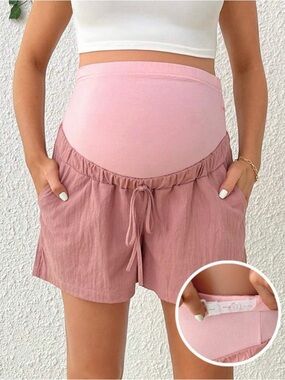High-Waist Maternity Shorts with Drawstring in Dusty Pink
